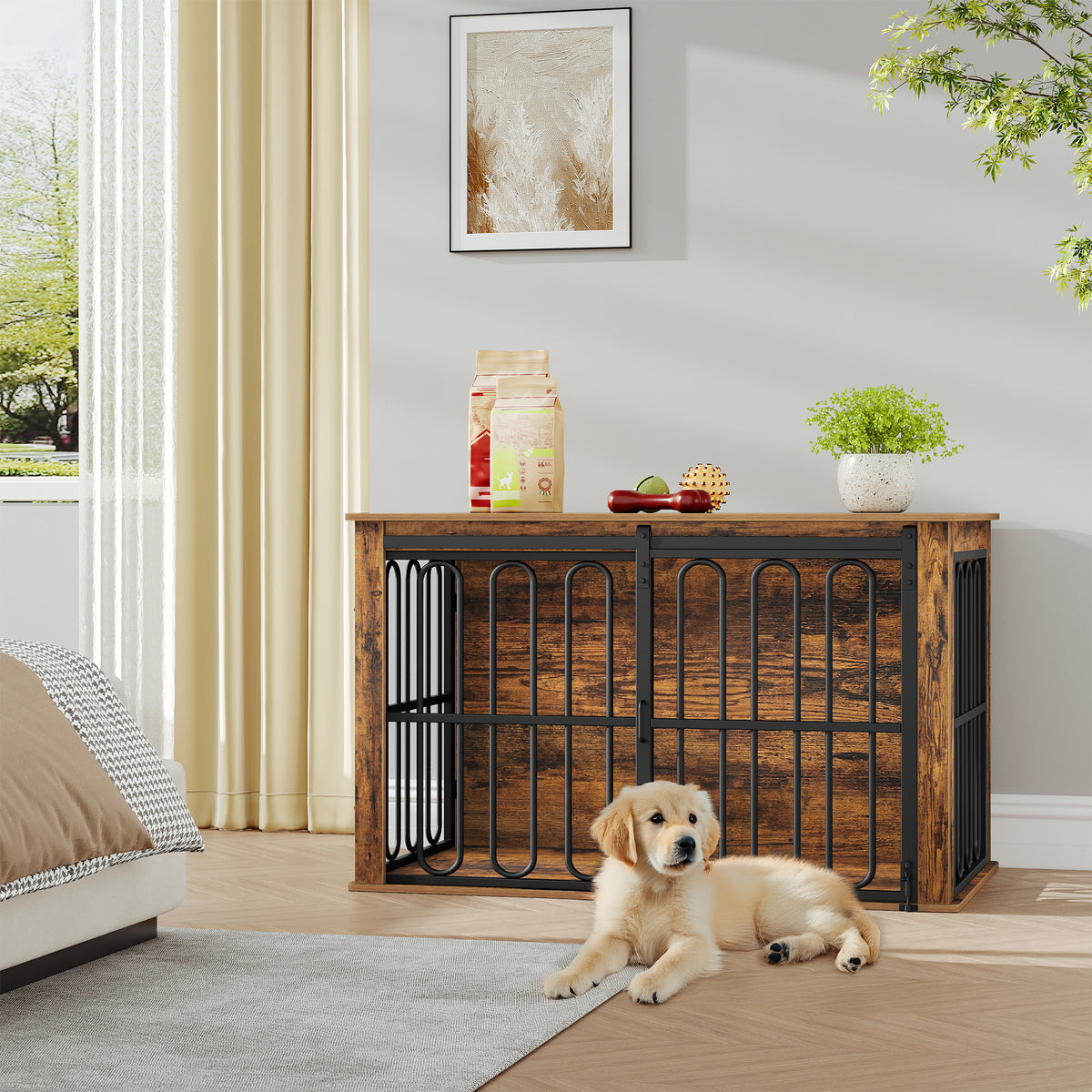 HEXCELEN Wooden Dog Cage Furniture, 100 cm Dog Crate for Home, Dog Cage with 2 Doors, Sliding Doors, for Small, Medium Dogs, Heavy Duty Side Table, 100 x 60 x 62.4 cm, White Brown,910114B