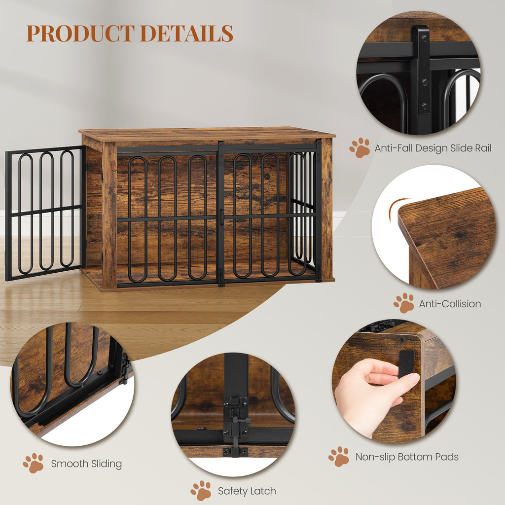 HEXCELEN Wooden Dog Cage Furniture, 100 cm Dog Crate for Home, Dog Cage with 2 Doors, Sliding Doors, for Small, Medium Dogs, Heavy Duty Side Table, 100 x 60 x 62.4 cm, Brown,910101B
