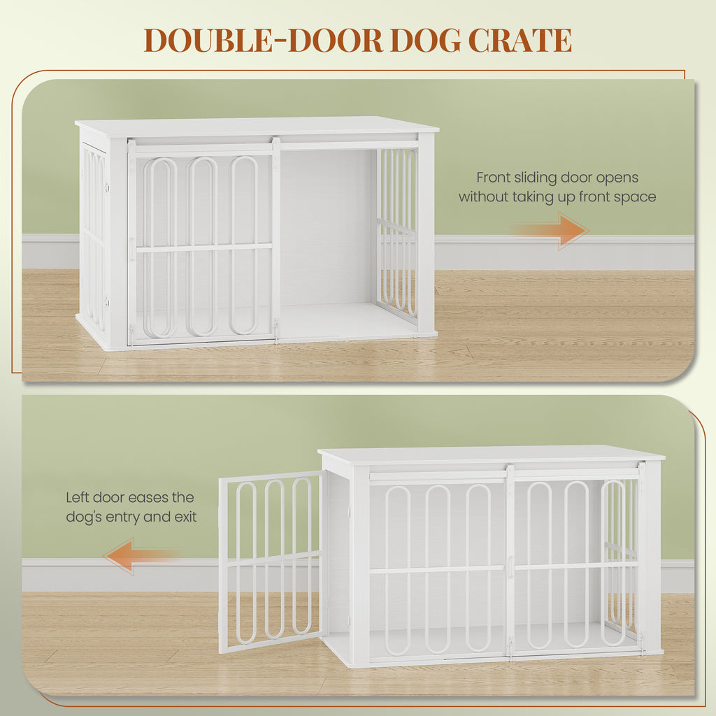 HEXCELEN Wooden Dog Cage Furniture 32 Inch Dog Crate for Home Dog Cage with 2 Doors Sliding Doors for Small Medium Dogs Heavy Duty Side Table 81 × 55 × 62.4 cm White,908113W