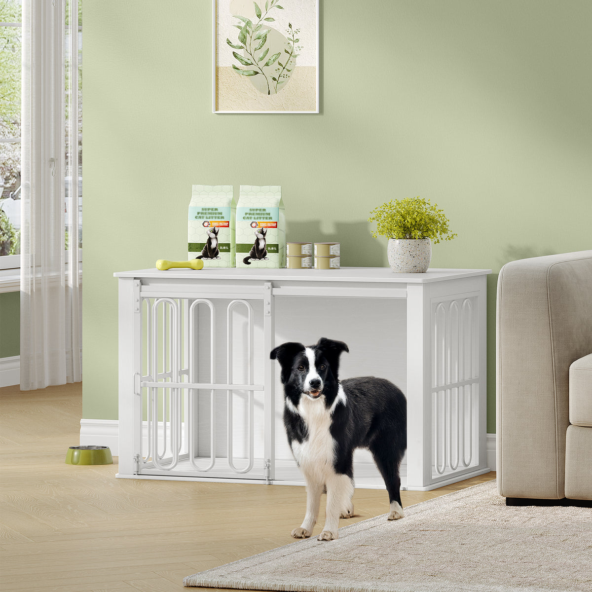 HEXCELEN Wooden Dog Cage Furniture 32 Inch Dog Crate for Home Dog Cage with 2 Doors Sliding Doors for Small Medium Dogs Heavy Duty Side Table 81 × 55 × 62.4 cm White,908113W