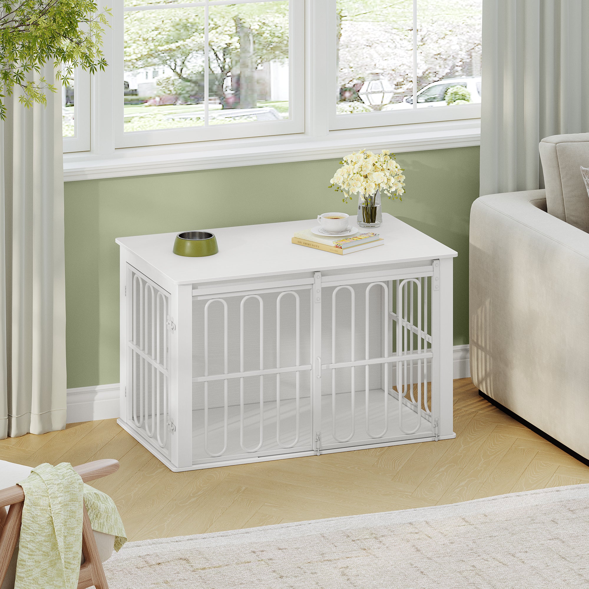 HEXCELEN Wooden Dog Cage Furniture 32 Inch Dog Crate for Home Dog Cage with 2 Doors Sliding Doors for Small Medium Dogs Heavy Duty Side Table 81 × 55 × 62.4 cm White,908113W