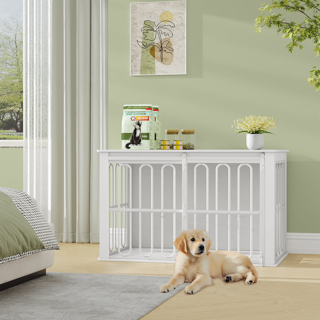 HEXCELEN Wooden Dog Cage Furniture 32 Inch Dog Crate for Home Dog Cage with 2 Doors Sliding Doors for Small Medium Dogs Heavy Duty Side Table 81 × 55 × 62.4 cm White,908113W
