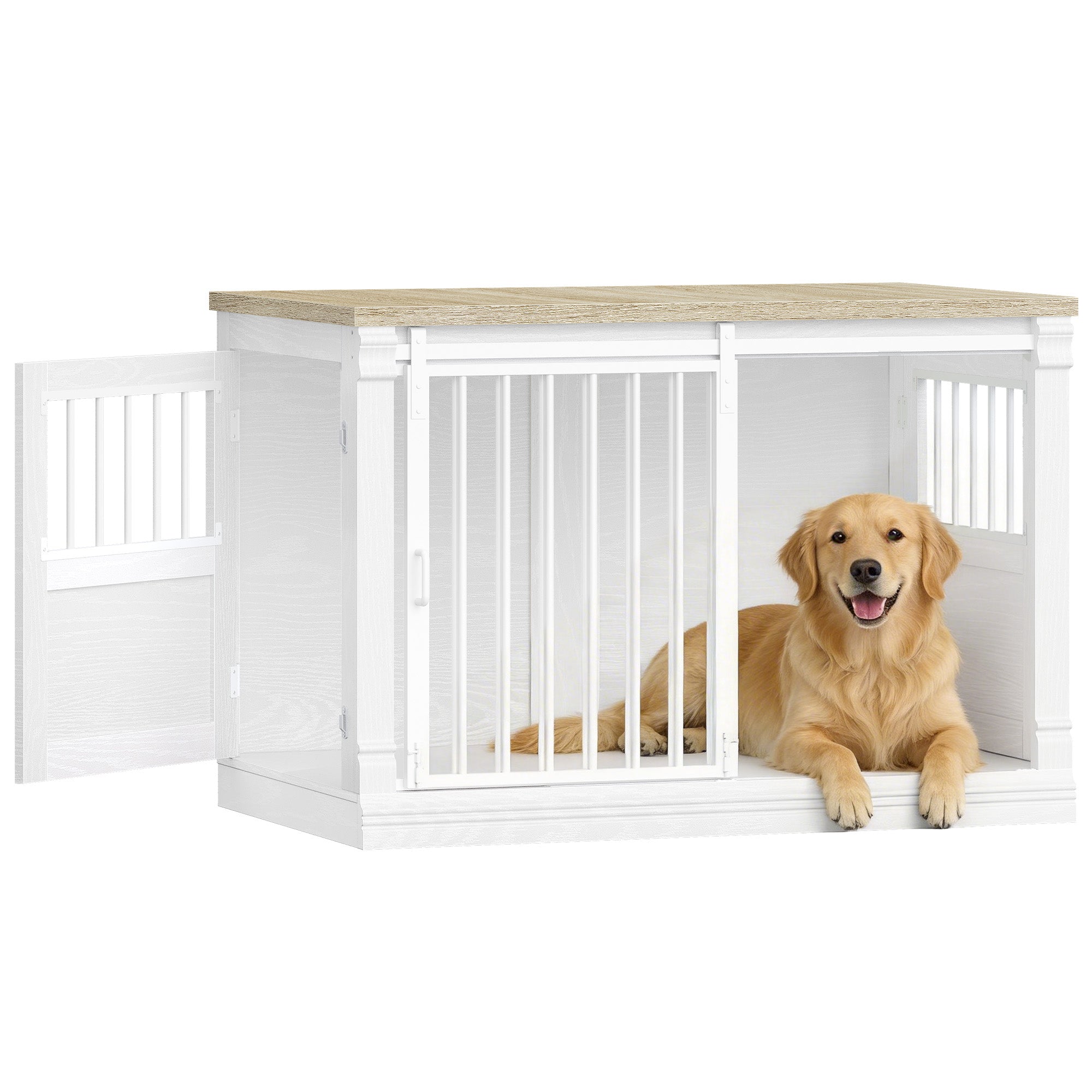 HEXCELEN 101cm Dog Cage Furniture, Dog Crate Wood, Dog Crate for Home with 3 Doors, Sliding Doors, for Small, Medium, Large Dogs, Robust, Side Table, 101 x 60.5 x 70 cm, White Oak and White,910213W