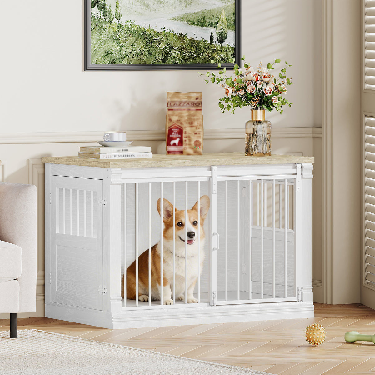HEXCELEN 101cm Dog Cage Furniture, Dog Crate Wood, Dog Crate for Home with 3 Doors, Sliding Doors, for Small, Medium, Large Dogs, Robust, Side Table, 101 x 60.5 x 70 cm, White Oak and White,910213W