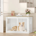 HEXCELEN 101cm Dog Cage Furniture, Dog Crate Wood, Dog Crate for Home with 3 Doors, Sliding Doors, for Small, Medium, Large Dogs, Robust, Side Table, 101 x 60.5 x 70 cm, White Oak and White,910213W