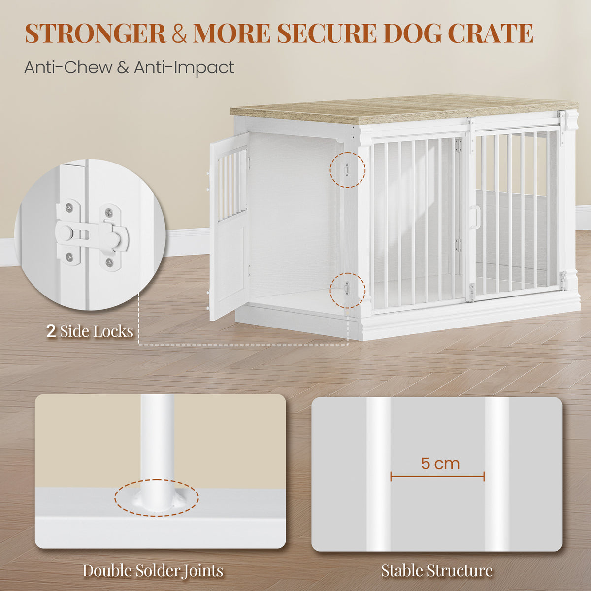 HEXCELEN 101cm Dog Cage Furniture, Dog Crate Wood, Dog Crate for Home with 3 Doors, Sliding Doors, for Small, Medium, Large Dogs, Robust, Side Table, 101 x 60.5 x 70 cm, White Oak and White,910213W