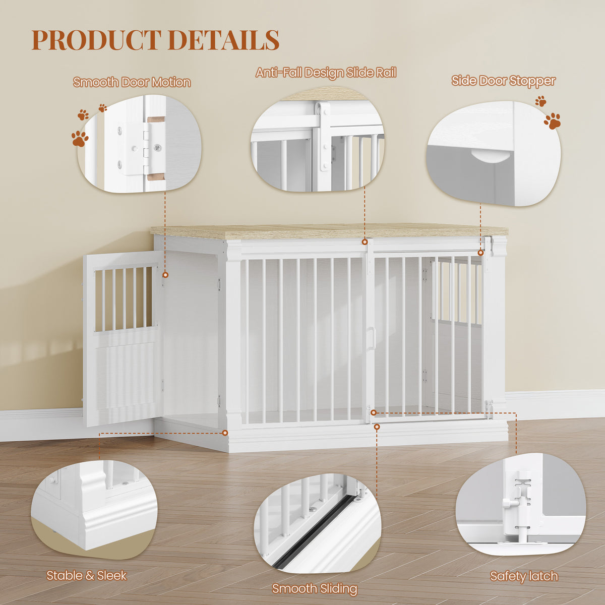 HEXCELEN 101cm Dog Cage Furniture, Dog Crate Wood, Dog Crate for Home with 3 Doors, Sliding Doors, for Small, Medium, Large Dogs, Robust, Side Table, 101 x 60.5 x 70 cm, White Oak and White,910213W