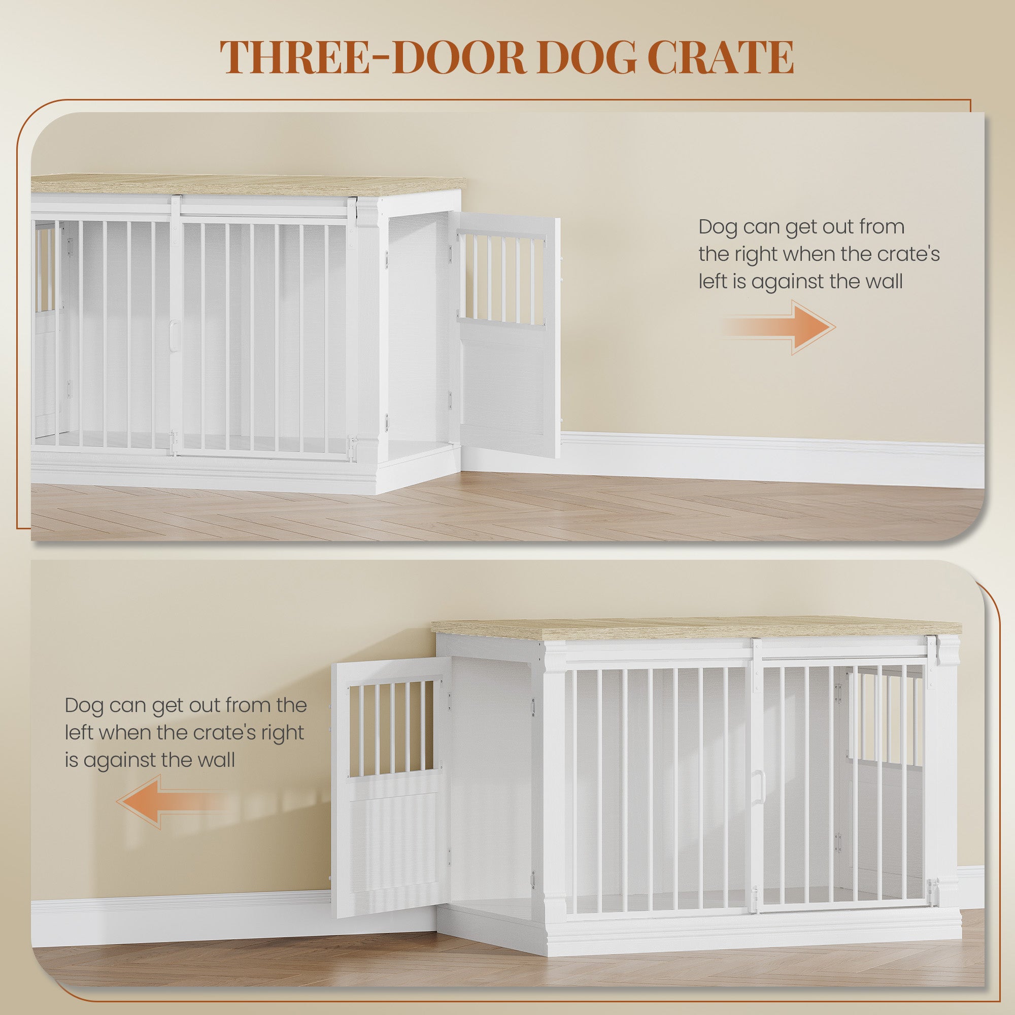 HEXCELEN 101cm Dog Cage Furniture, Dog Crate Wood, Dog Crate for Home with 3 Doors, Sliding Doors, for Small, Medium, Large Dogs, Robust, Side Table, 101 x 60.5 x 70 cm, White Oak and White,910213W