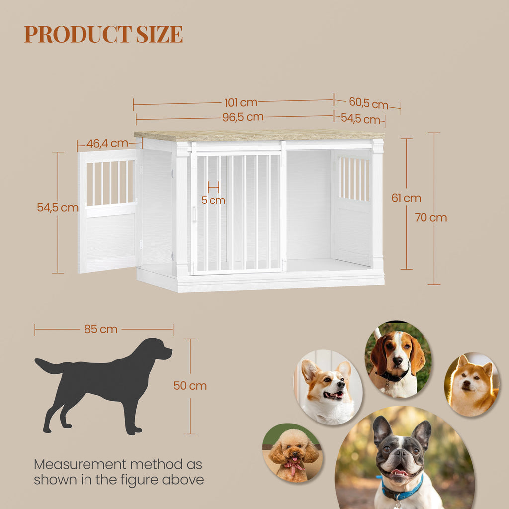 HEXCELEN 101cm Dog Cage Furniture, Dog Crate Wood, Dog Crate for Home with 3 Doors, Sliding Doors, for Small, Medium, Large Dogs, Robust, Side Table, 101 x 60.5 x 70 cm, White Oak and White,910213W