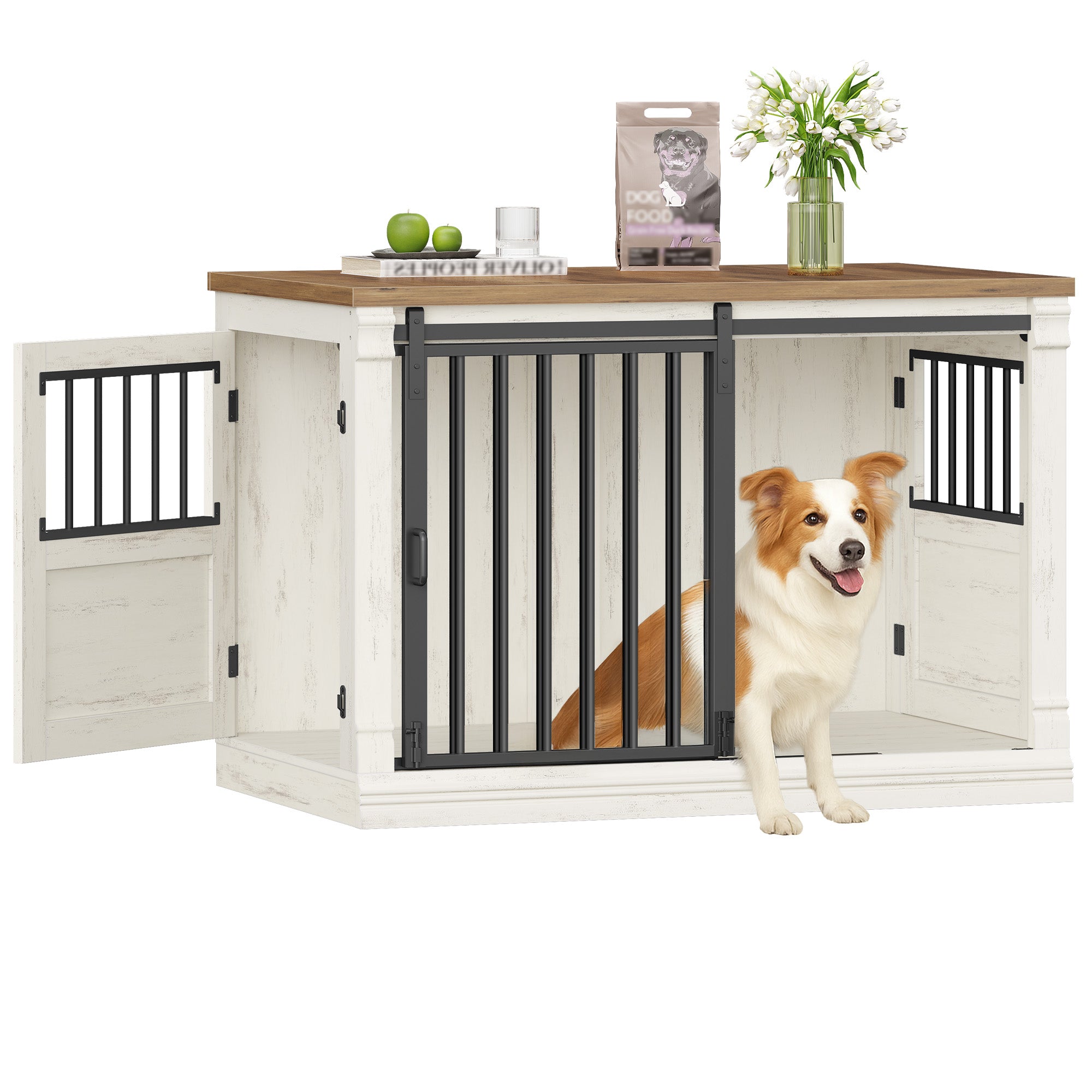 HEXCELEN 101 cm Dog Cage Furniture, Wooden Dog Box for Home with 3 Doors, Sliding Doors, for Small, Medium, Large Dogs, Robust, Side Table, 101 x 60.5 x 70 cm, White Brown,910214B