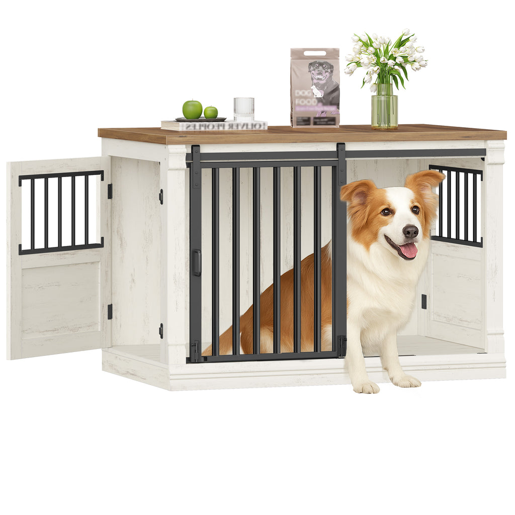 HEXCELEN 101 cm Dog Cage Furniture, Wooden Dog Box for Home with 3 Doors, Sliding Doors, for Small, Medium, Large Dogs, Robust, Side Table, 101 x 60.5 x 70 cm, White Brown,910214B