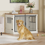 HEXCELEN 101 cm Dog Cage Furniture, Wooden Dog Box for Home with 3 Doors, Sliding Doors, for Small, Medium, Large Dogs, Robust, Side Table, 101 x 60.5 x 70 cm, White Brown,910214B