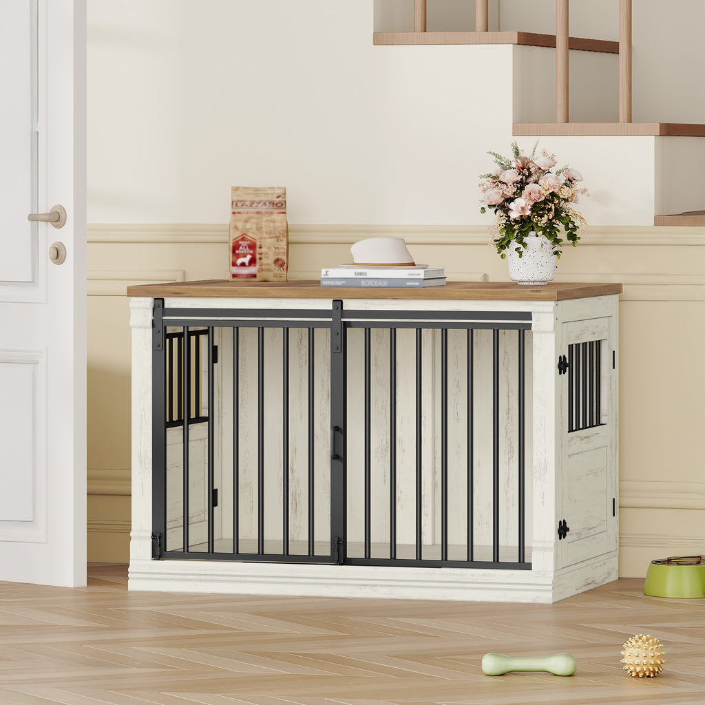 HEXCELEN 101 cm Dog Cage Furniture, Wooden Dog Box for Home with 3 Doors, Sliding Doors, for Small, Medium, Large Dogs, Robust, Side Table, 101 x 60.5 x 70 cm, White Brown,910214B