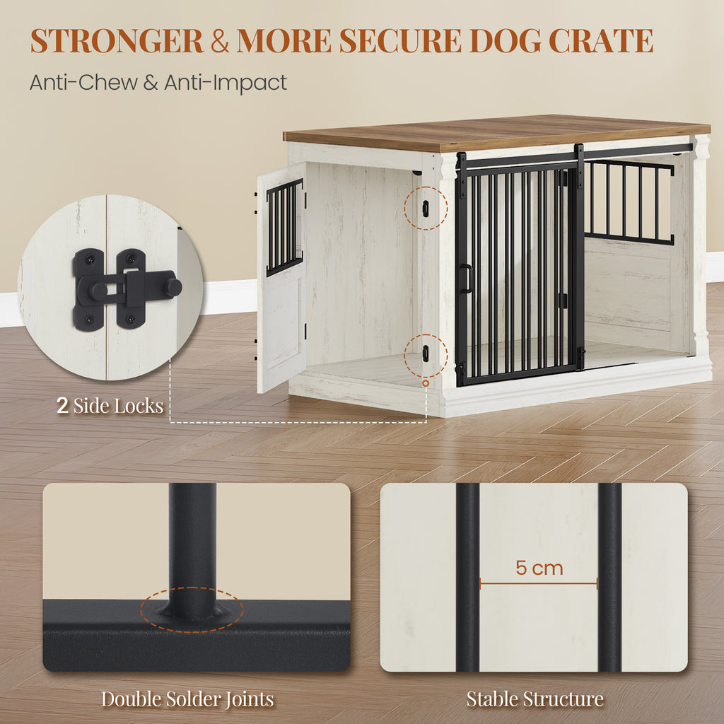 HEXCELEN 101 cm Dog Cage Furniture, Wooden Dog Box for Home with 3 Doors, Sliding Doors, for Small, Medium, Large Dogs, Robust, Side Table, 101 x 60.5 x 70 cm, White Brown,910214B