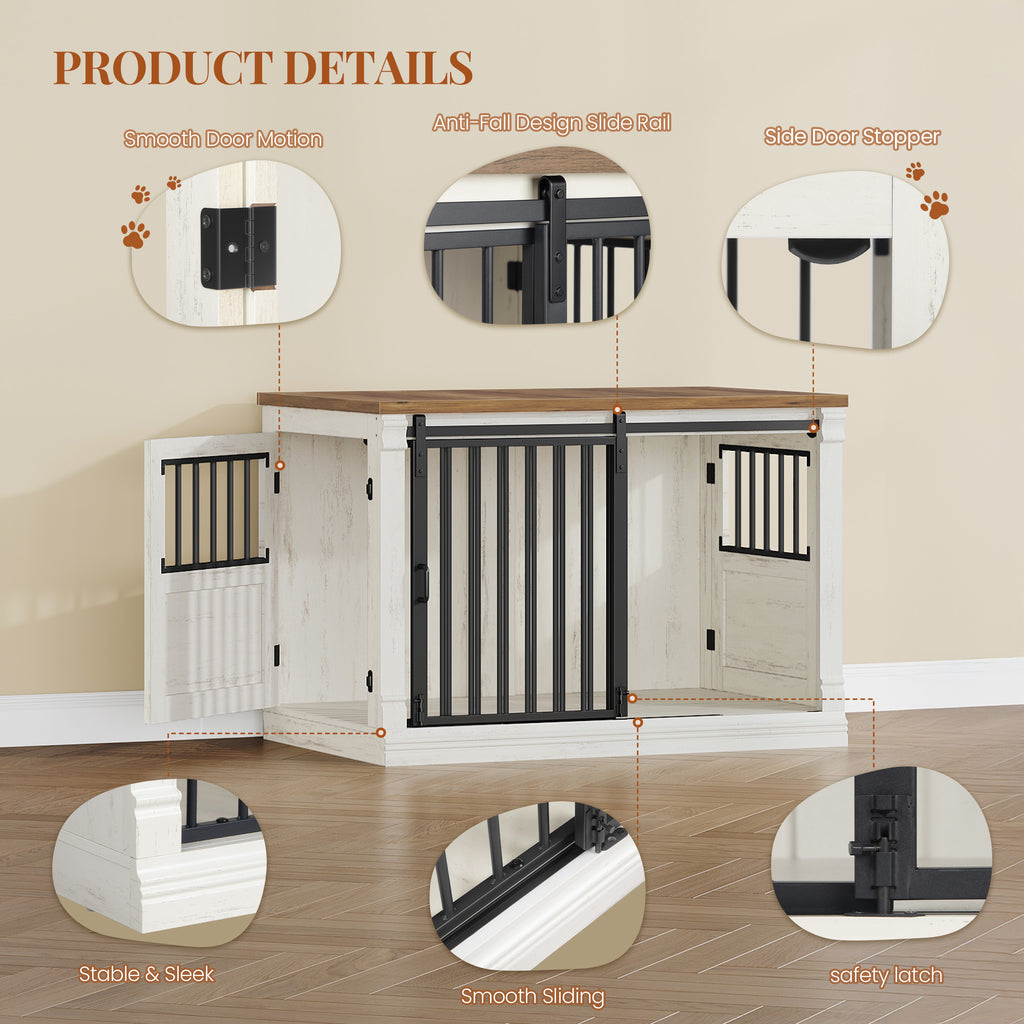 HEXCELEN 101 cm Dog Cage Furniture, Wooden Dog Box for Home with 3 Doors, Sliding Doors, for Small, Medium, Large Dogs, Robust, Side Table, 101 x 60.5 x 70 cm, White Brown,910214B