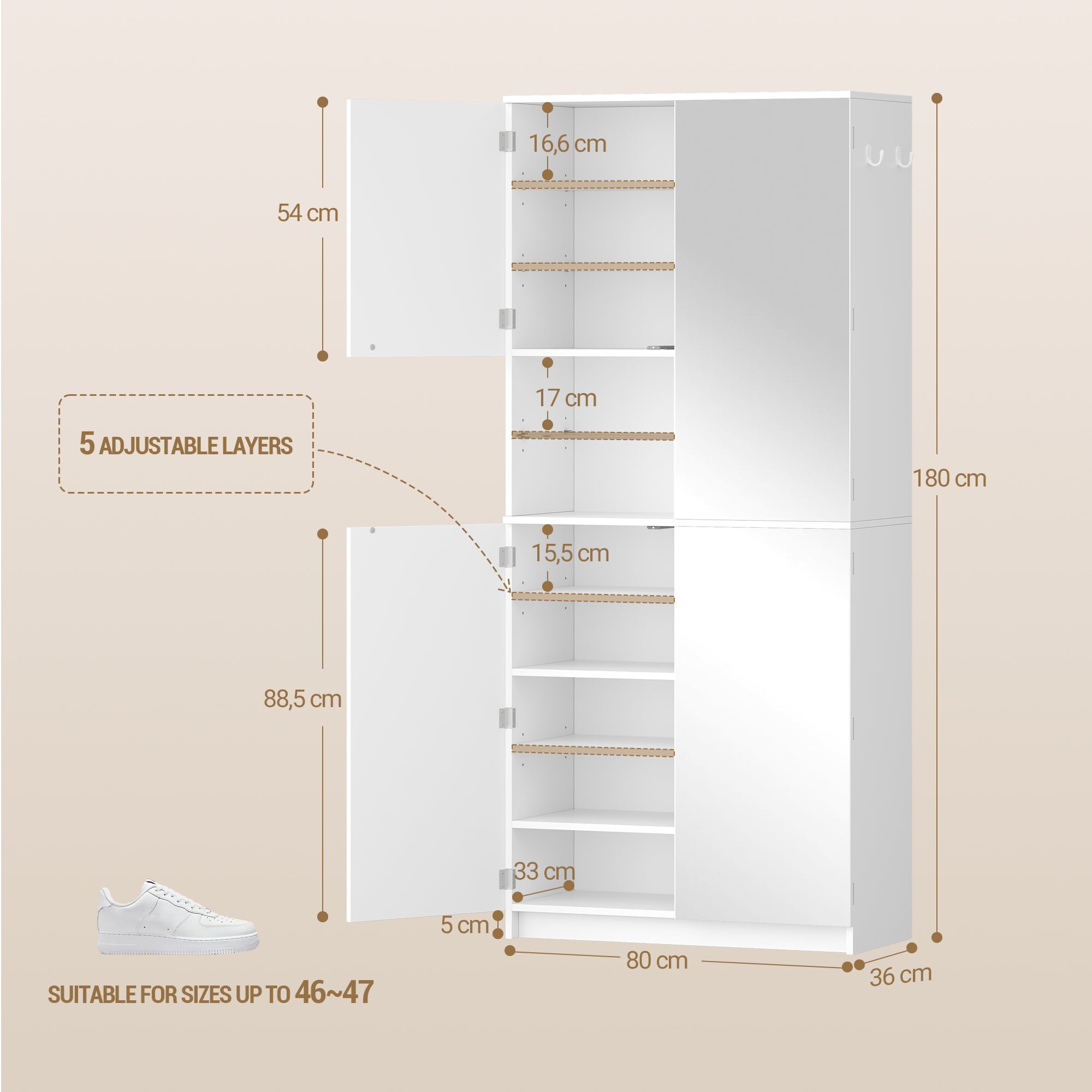 Hzuaneri shoe cabinet, tall, with mirrored door, push-to-open mechanism, adjustable shelves, holds 36-40 pairs of shoes, 2 hooks, open compartments, multi-purpose cabinet for hallway or entryway, 36 x 80 x 180 cm, white,SR62203X