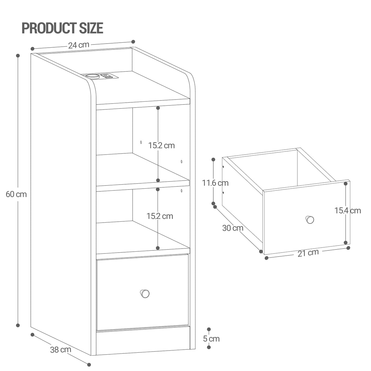 Hzuaneri Nightstands with Charging Station, USB & Type-C Ports, Narrow Side Tables, 3-Tier Storage Space with 1 Drawer—For Bedroom & Living Room, Black NS36404X
