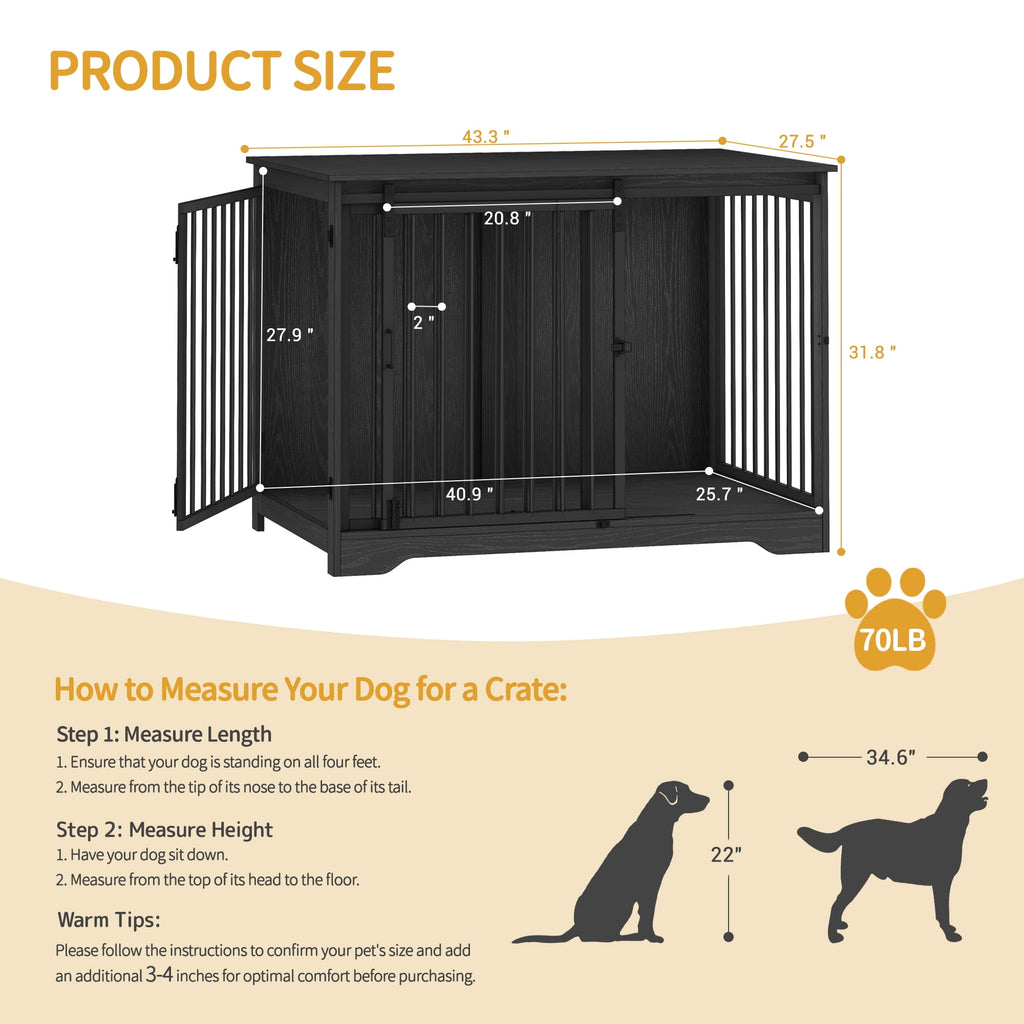 Hzuaneri Dog Crate Furniture with Barn Door, 43.3" Wood Heavy Duty Dog Crate Kennel for Medium/Large Dogs, End Side Table, Farmhouse Style, Black