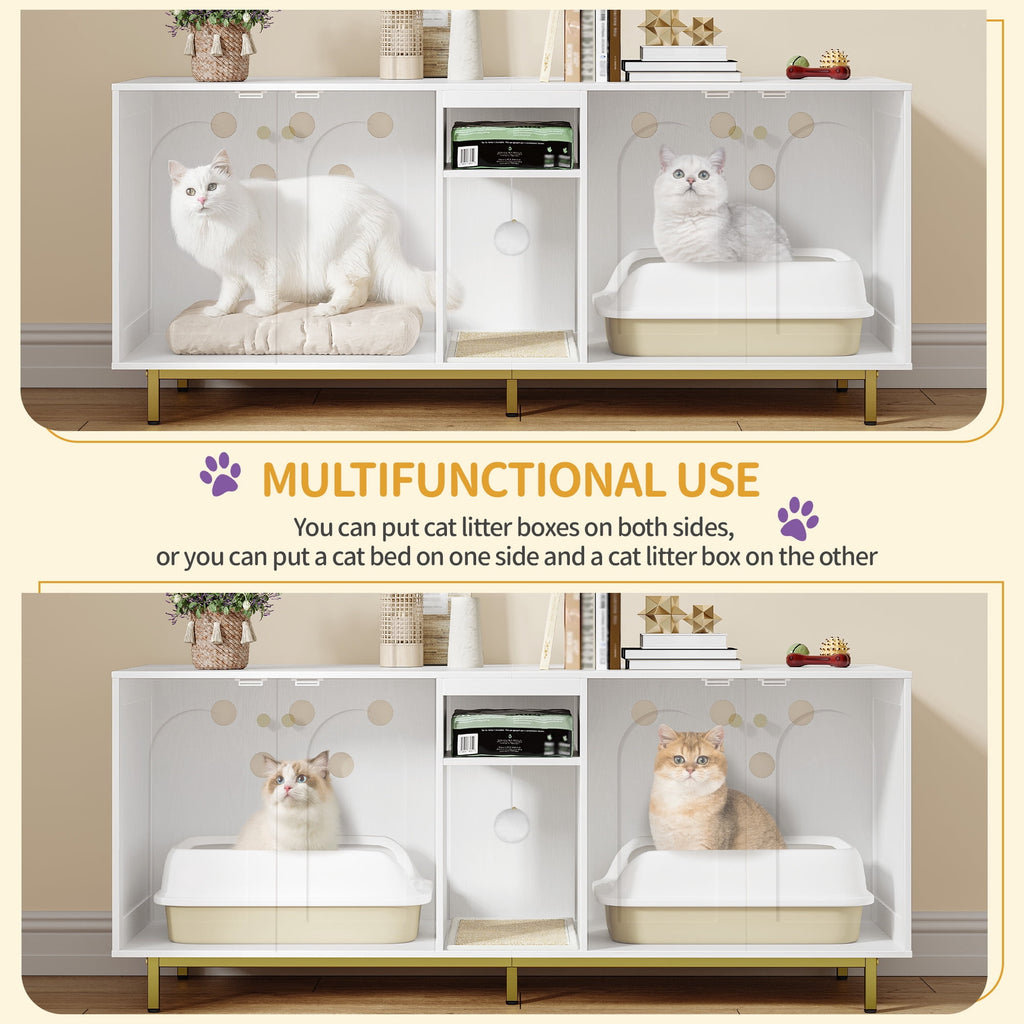 Hzuaneri Cat Litter Box Enclosure for 2 Cats, 55" Hidden Litter Boxes with Double Room, Storage, Plush Ball, Wooden Cat Washroom Furniture, White Gold