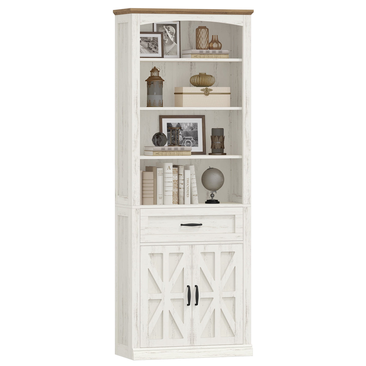 Hzuaneri 70.9" H Tall Bookshelf with a Drawer, 7 Tier Freestanding Bookcase with Storage Cabinet and 2 Doors, Adjustable Shelves, for Home Office, Living Room, White and Brown