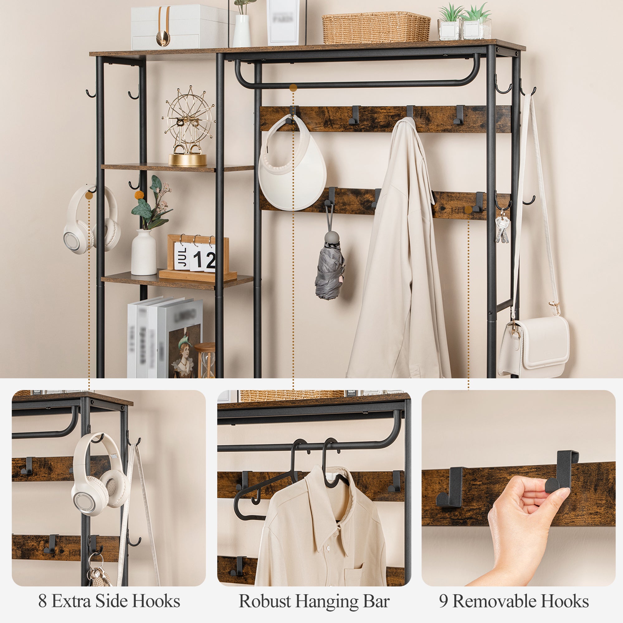 Hzuaneri Hall Tree, Coat Rack with 3-Tier Storage Bench and 1 Drawer, 5-in-1 Entryway Bench with 17 Hooks, 1 Hanging Rod, 4-Tier Side Shelves, Rustic Brown HT03501B