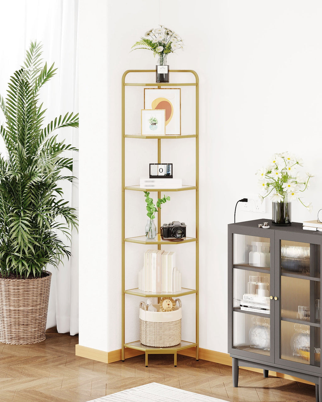 Corner Shelf Stand 6-Tier with Tempered Glass Shelves, Modern Glass Bookshelf Bookcase for Living Room Bathroom Kitchen, Gold