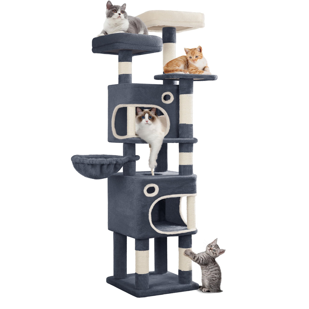 Cat Tree, 62.6‑Inch Tall Multi‑Level Cat Tower for Indoor Cats with Scratching Posts, Platforms, Cat Caves and Basket, Dark Gray