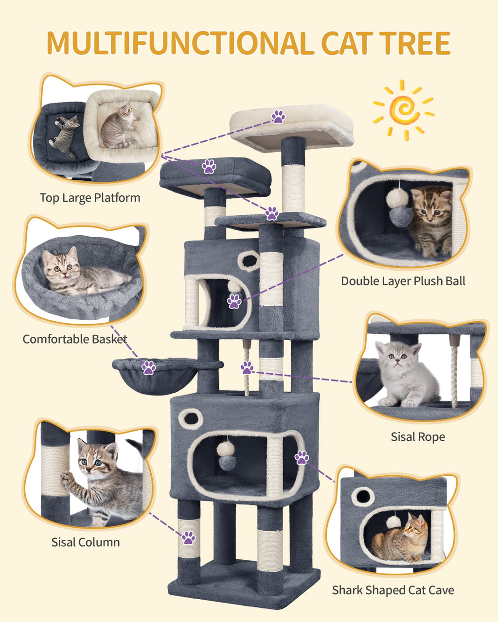 Cat Tree, 62.6‑Inch Tall Multi‑Level Cat Tower for Indoor Cats with Scratching Posts, Platforms, Cat Caves and Basket, Dark Gray