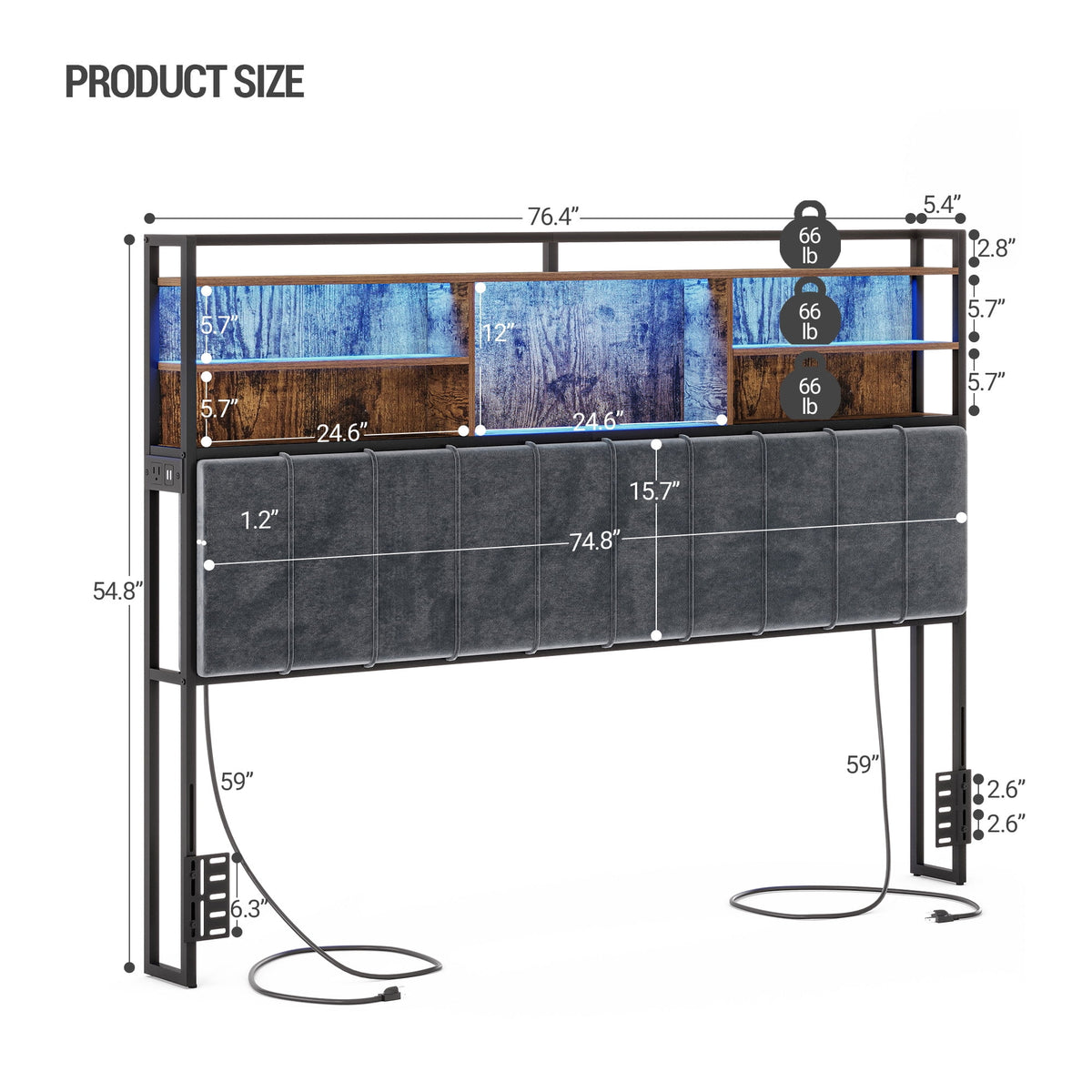 King Size Headboard with 3-Tier Storage Shelves, Velvet Upholstered Head Board with 2 Outlets, USB Ports & LED Light, Soft Backrest for King Size Bed, Rustic Brown and Black
