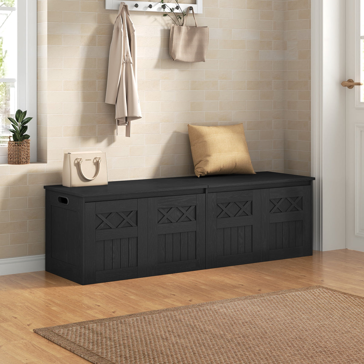 59"wooden storage bench with,multi-use for entryway,bedroom,Black