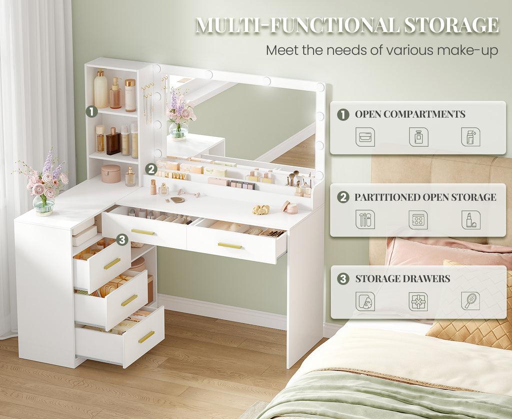 HEXCELEN Dressing Table with Large Mirror, Corner Vanity Table with 5 Drawers, Multiple Open Storage Compartments, 40 x 120 x 139 cm, White,120103X