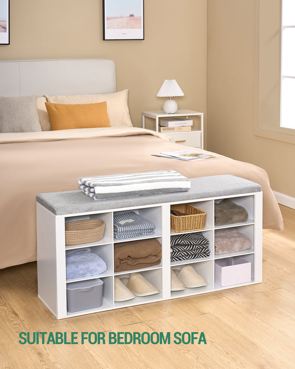 Hzuaneri Shoe Bench With Seat, Shoe Cabinet With Bench And 12 Compartments, White-Grey