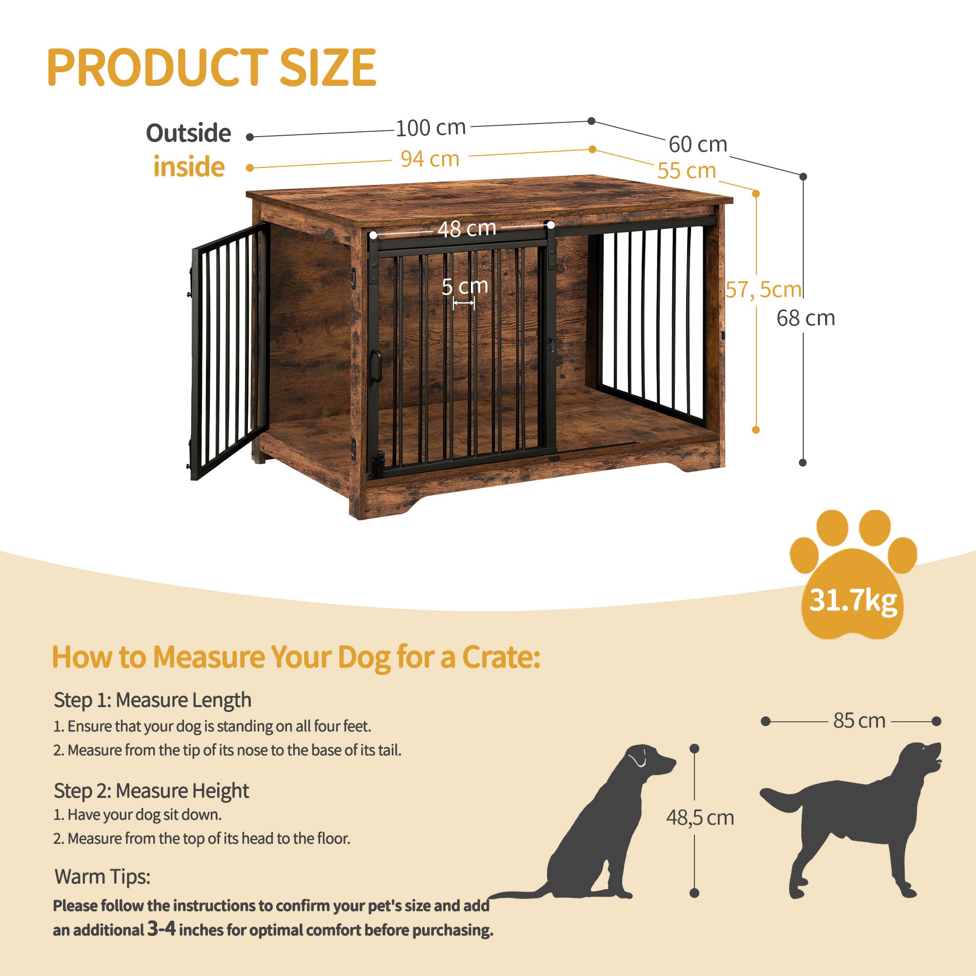 Hzuaneri Dog Cage Furniture, 100cm Dog Box for Home Use, Sliding Doors, 2 Doors
