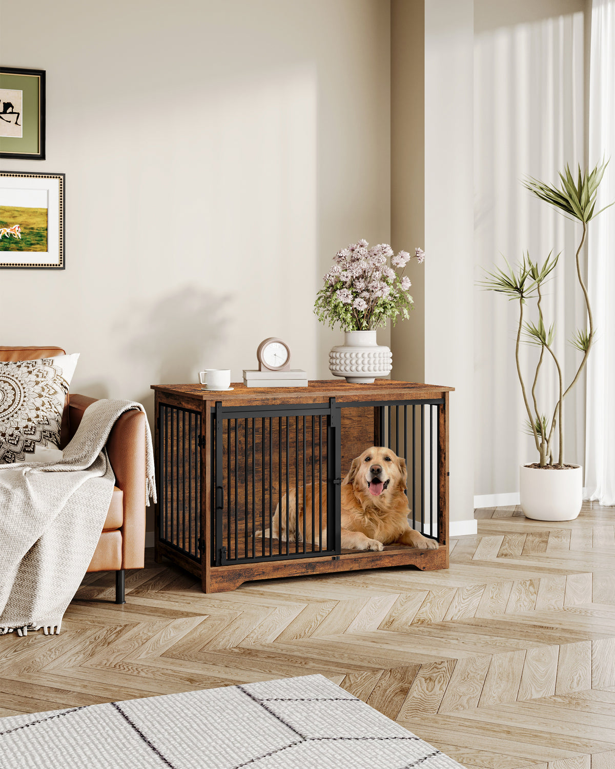 Hzuaneri Dog Cage Furniture, 100cm Dog Box for Home Use, Sliding Doors, 2 Doors