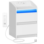 HEXCELEN Bedside Table with LED Lights & Charging Station, 2 Drawers, USB Ports and Power Outlets, White