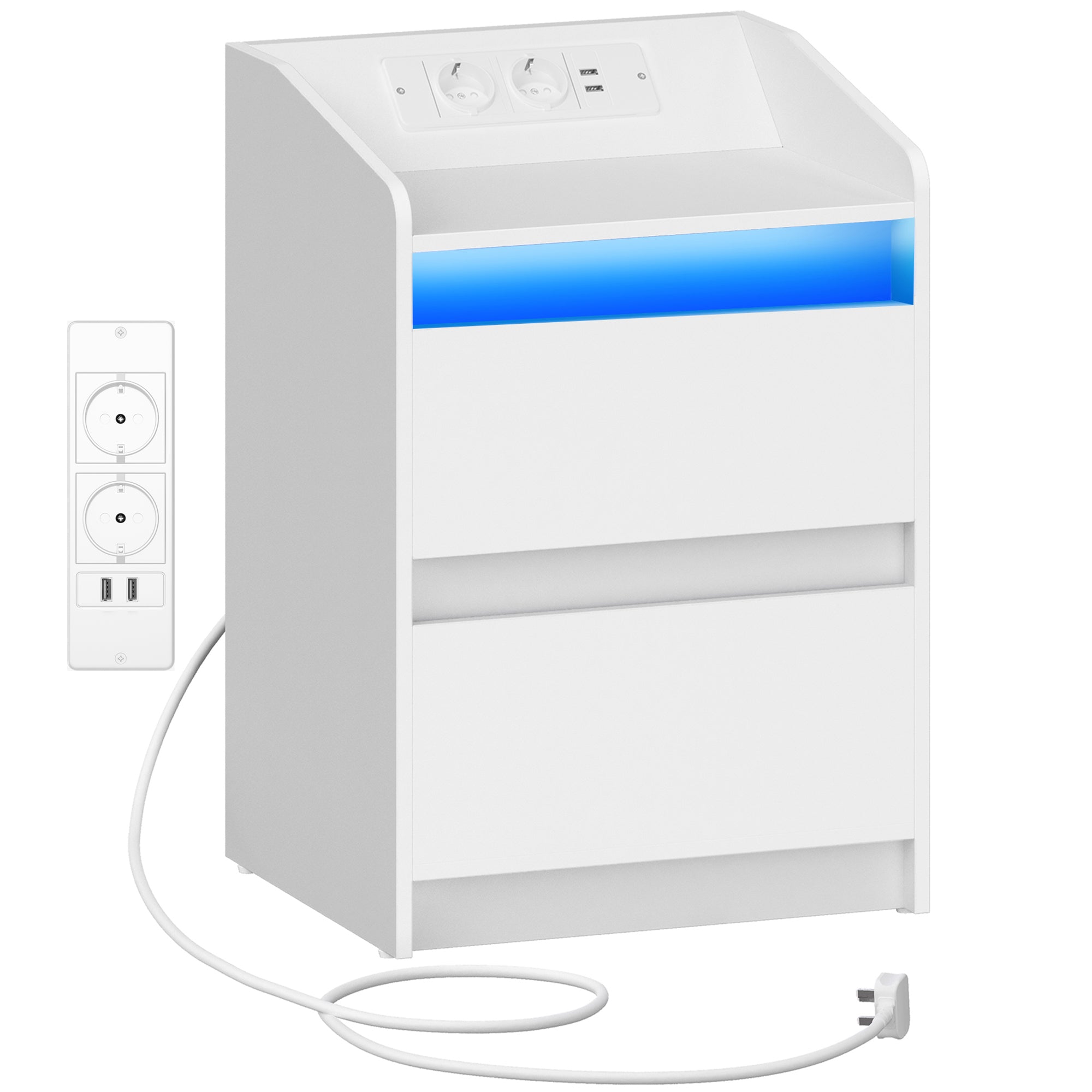 HEXCELEN Bedside Table with LED Lights & Charging Station, 2 Drawers, USB Ports and Power Outlets, White