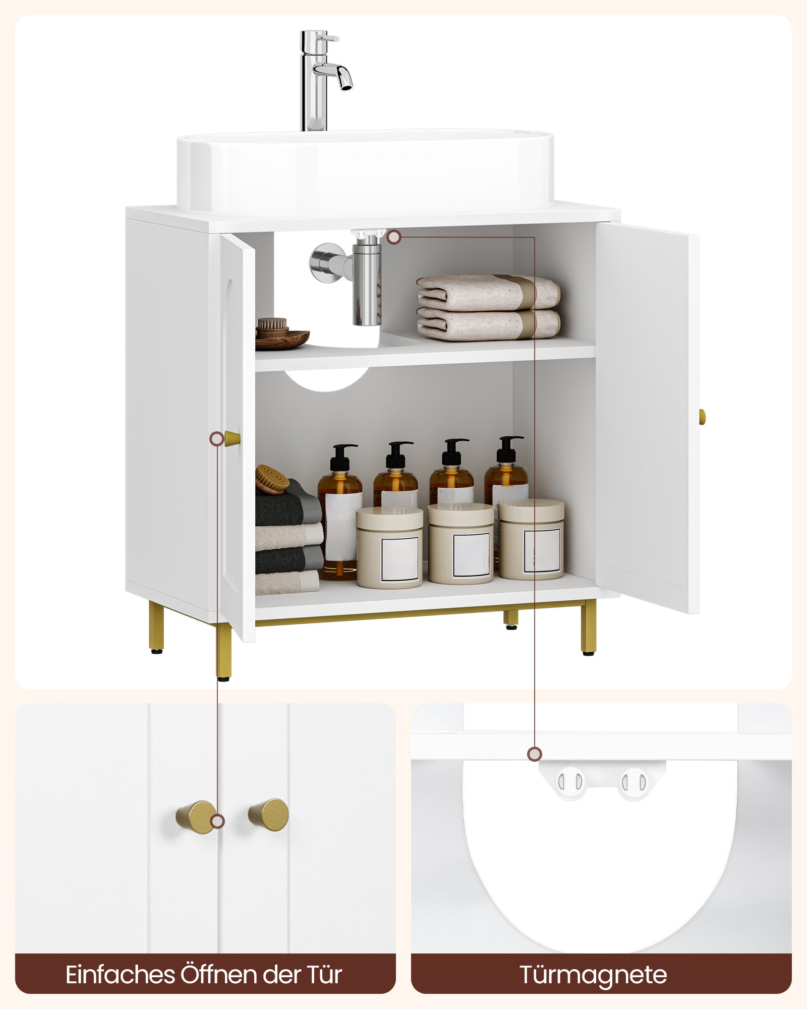 Hzuaneri Under Sink Bathroom Cabinet, Storage Cabinet with Adjustable Shelf and 2 Doors Bathroom Sink Unit for Washbasins with Pedestal, with Feet, Bathroom Vanity Unit, White, BC19103X