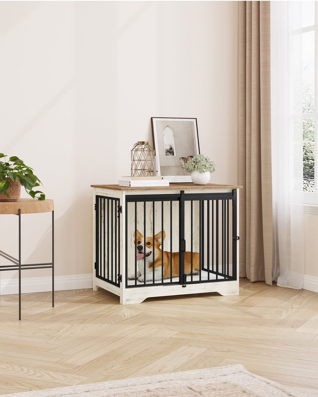 Hzuaneri Dog Crate Furniture, 81cm Dog Box for Home Use, Sliding Doors, White Brown