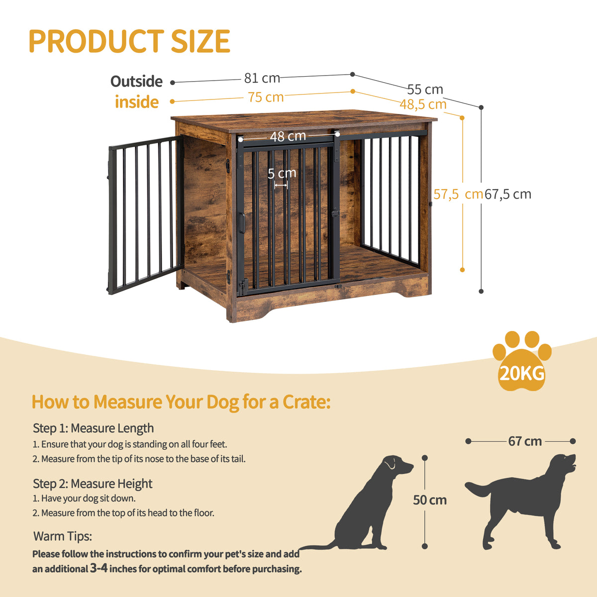 Hzuaneri Dog Crate Furniture, 81cm Dog Box for Home Use, Sliding Doors, 2 Doors, Modern Wooden Indoor Dog Box for Small/Medium Dogs, Dog Crate for Home Use, 81 x 55 x 67.5cm, Vintage Brown DFC83601B
