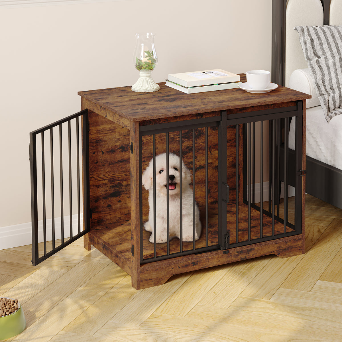 Hzuaneri Dog Crate Furniture, 81cm Dog Box for Home Use, Sliding Doors, 2 Doors, Modern Wooden Indoor Dog Box for Small/Medium Dogs, Dog Crate for Home Use, 81 x 55 x 67.5cm, Vintage Brown DFC83601B