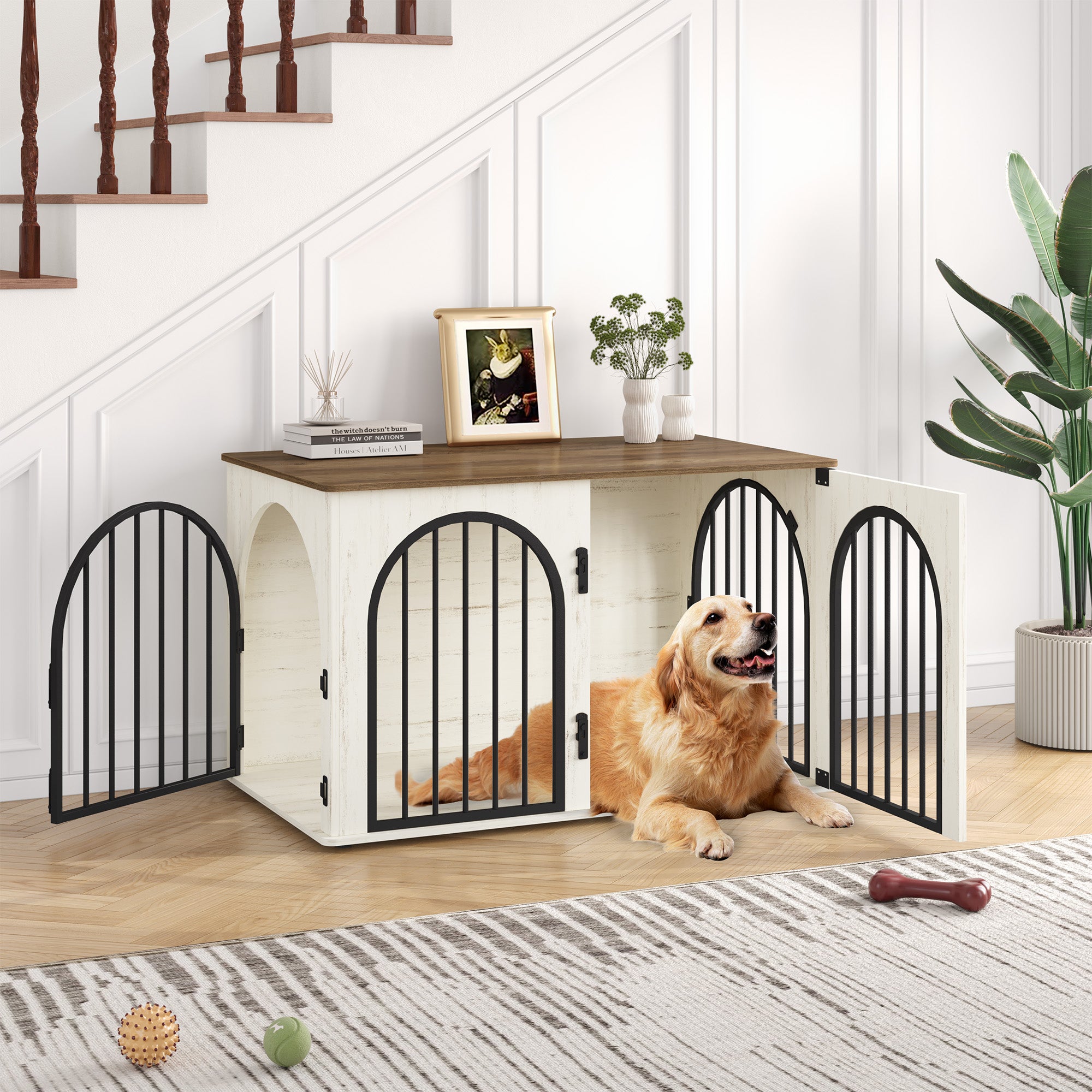 Hzuaneri Dog Cage Furniture, 100cm Dog Box for Home Use, 3 Doors, Arched Door, White Brown, DFC84114B