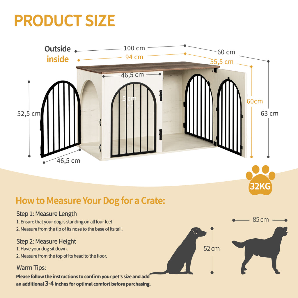 Hzuaneri Dog Cage Furniture, 100cm Dog Box for Home Use, 3 Doors, Arched Door, White Brown, DFC84114B