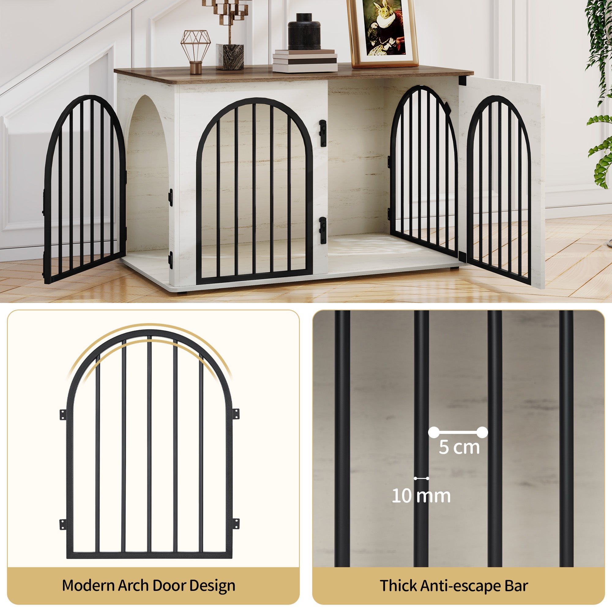 Hzuaneri Dog Cage Furniture, 100cm Dog Box for Home Use, 3 Doors, Arched Door, White Brown, DFC84114B