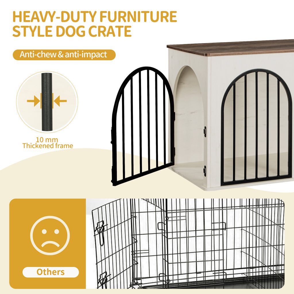 Hzuaneri Dog Cage Furniture, 100cm Dog Box for Home Use, 3 Doors, Arched Door, White Brown, DFC84114B