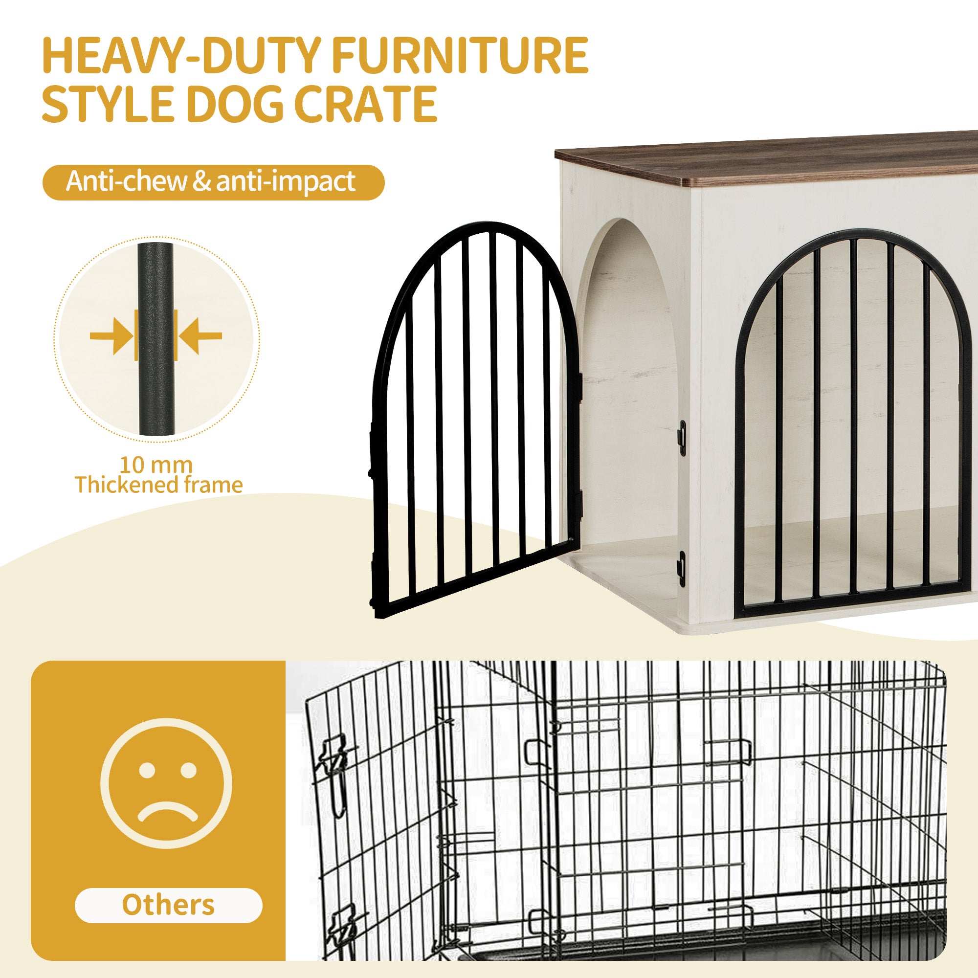 Hzuaneri Dog Cage Furniture, 100cm Dog Box for Home Use, 3 Doors, Arched Door, White Brown, DFC84114B