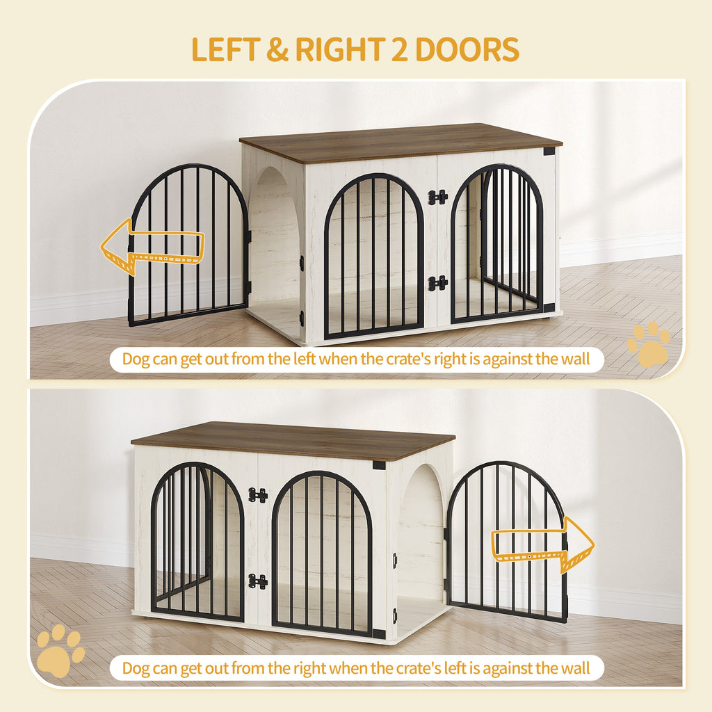 Hzuaneri Dog Cage Furniture, 100cm Dog Box for Home Use, 3 Doors, Arched Door, White Brown, DFC84114B