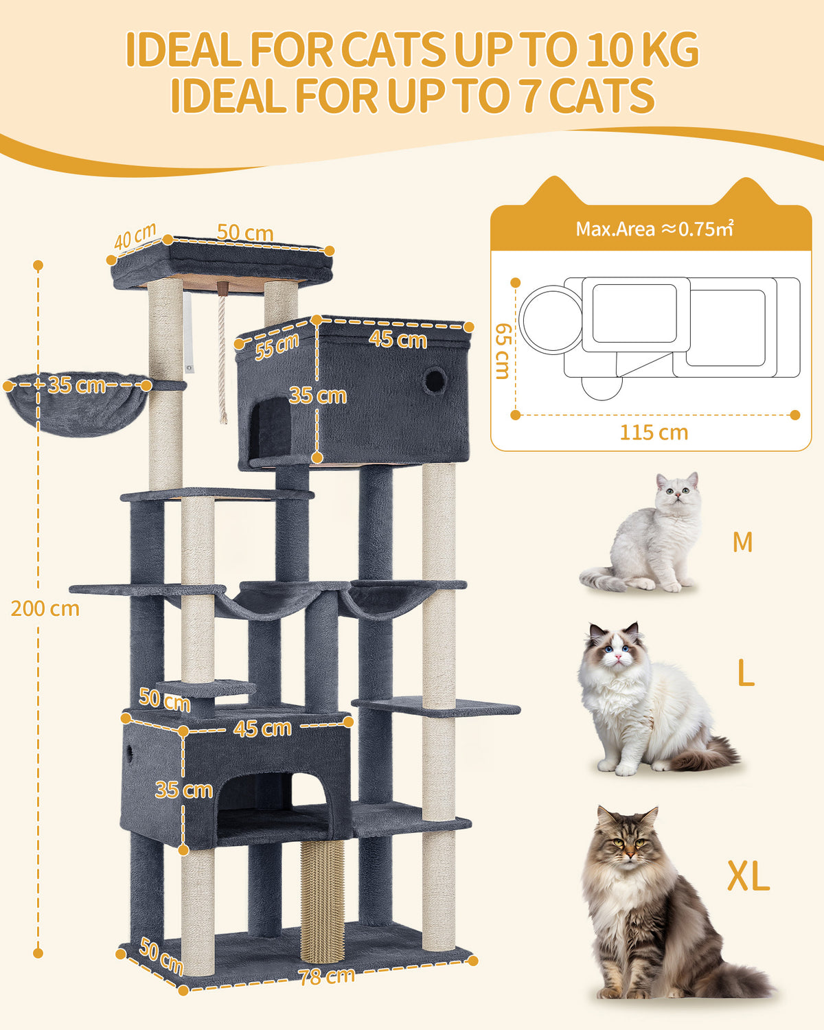 Hzuaneri Cat Scratching Post 200 cm XXL with 10 Scratching Posts, 2 Caves, 2 Hammocks, Large Platform, Cat Brushes, Basket, Heavy Cat Tree for Maine Coon, Large Cats, Dark Grey MS20018SG