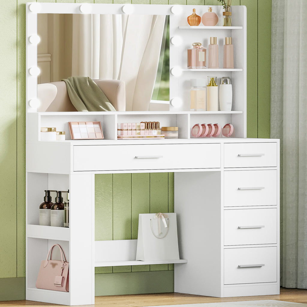 Hzuaneri 108cm Vanity Table with Large HD Mirror, Vanity Table with LED Lighting, Vanity Tables with 6 Open Compartments, 5 Drawers and Side Open Storage, White DT42603X