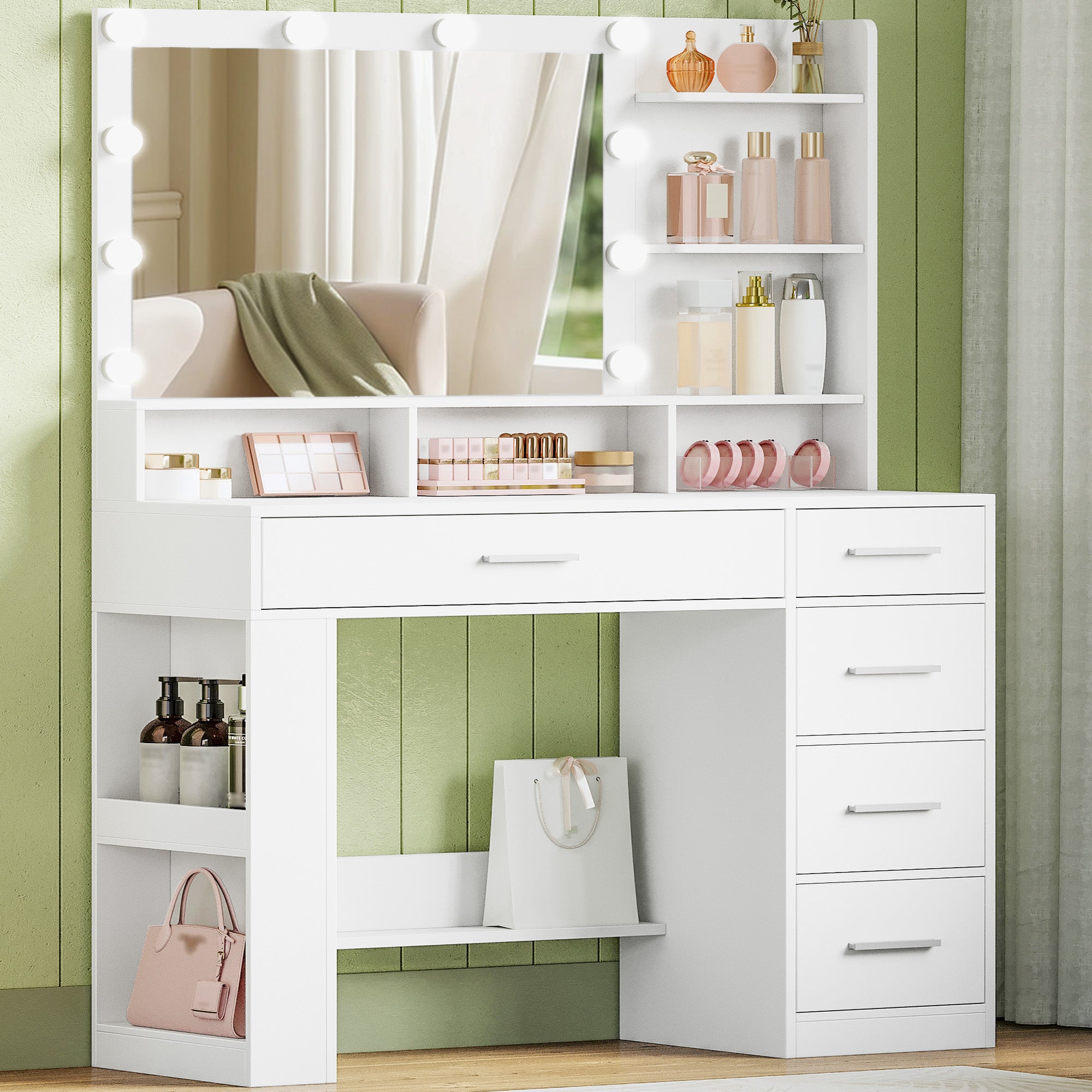 Hzuaneri 108cm Vanity Table with Large HD Mirror, Vanity Table with LED Lighting, Vanity Tables with 6 Open Compartments, 5 Drawers and Side Open Storage, White DT42603X