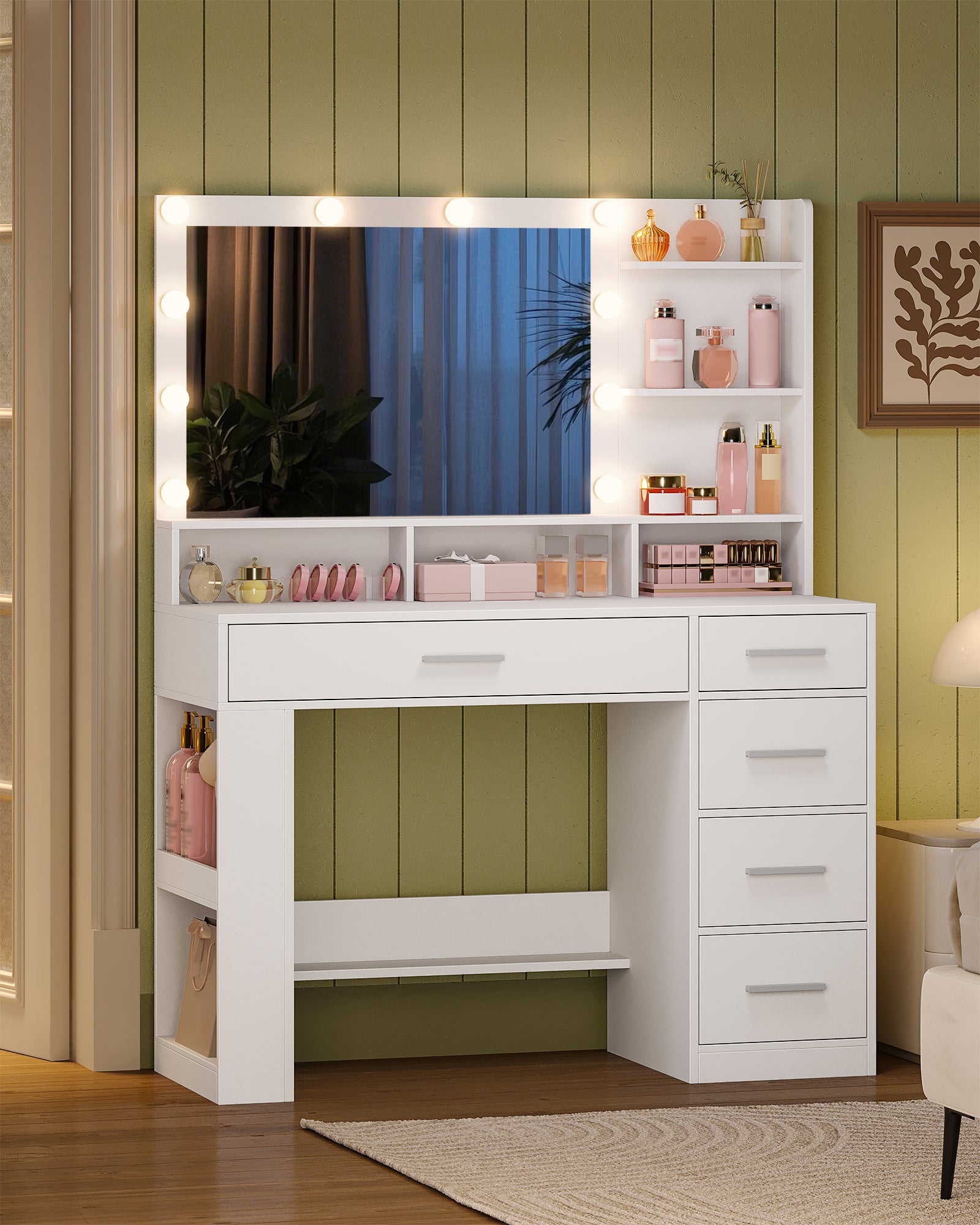 Hzuaneri 108cm Vanity Table with Large HD Mirror, Vanity Table with LED Lighting, Vanity Tables with 6 Open Compartments, 5 Drawers and Side Open Storage, White DT42603X